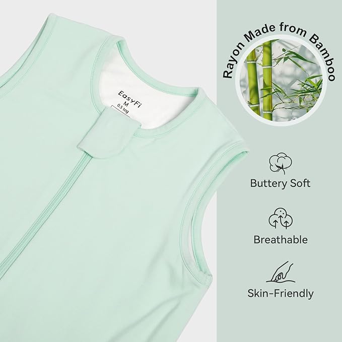 Rayon Made From Bamboo Sleep Sack 12-24 Months 0.5 Tog Ultra Soft Summer Toddler Sleep Sack 1t-2t with Feet 2-Way Zipper Lightweight Sleeping Bag Baby Wearable Blanket (2 Pack)-Green & Gray