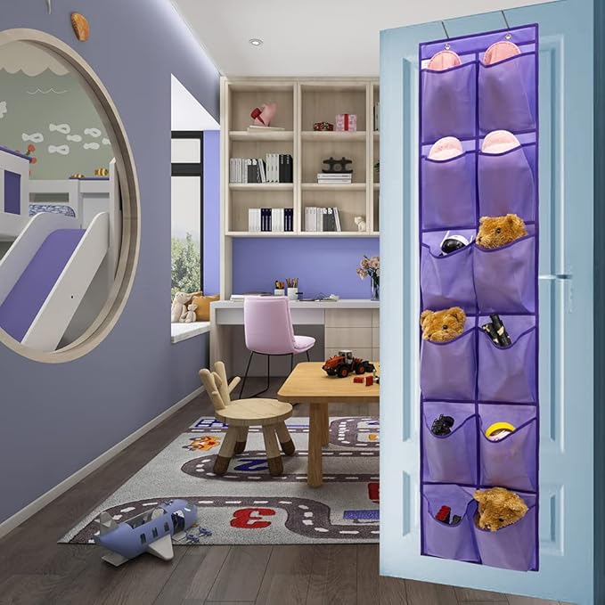 Hanging Storage Organizer Over the Door Shoes Organizer Kids Shoe Rack with 12 Large Fabric Pockets for Closet Shoe Holder Hanger (PURPLE)