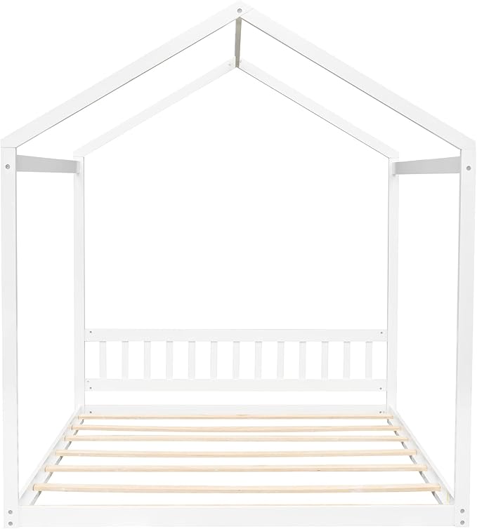 Bellemave Queen House Bed with Roof Wood Montessori Floor Beds for Kids Wood House Floor Bed Frame for Girls Boys Teens Adults, No Spring Box Needed, White