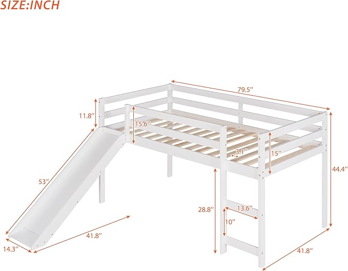 Loft Twin Bed Frame for Boys Girls Kids Toddler with Slide, Multifunctional Design, Twin (White)