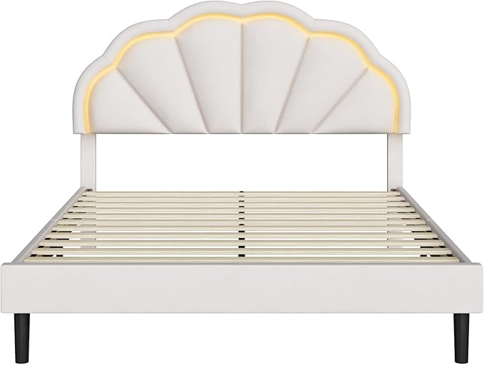 HIFIT Full Upholstered Smart LED Bed Frame with Adjustable Chic Petal Headboard, Princess Full Size Platform Bed Frames for Kids/Girls, Wooden Slats Support, No Box Spring Needed, Easy Assembly, Beige
