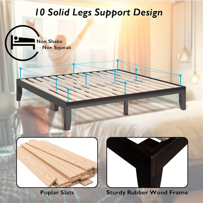 KOMFOTT 14 Inches Wood Platform Bed Frame King Size, Wooden Mattress Foundation with Rubber Wood Frame, Strong Wooden Slat Support, No Box Spring Needed, Bed Frame (Dark Brown)