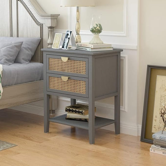 Nightstands with 2 Drawers, Rattan Night Stand Bedside Table End Table Standing Storage Cabinet Organizer Dresser Drawer and Shelf for Entryway, Living Room, Bedroom, Nursery(Grey)