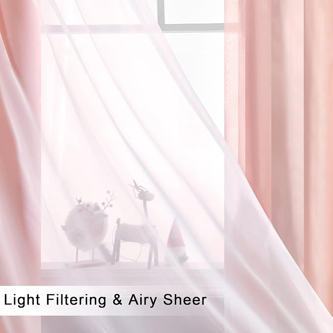 Hiasan Blackout Curtains with Sheer Overlay, Thermal Insulated Mix & Match Double Layer Room Darkening Window Curtains for Bedroom,Living Room, Nursery 2 Panels with Tiebacks(52W X 54L,Blush Pink)