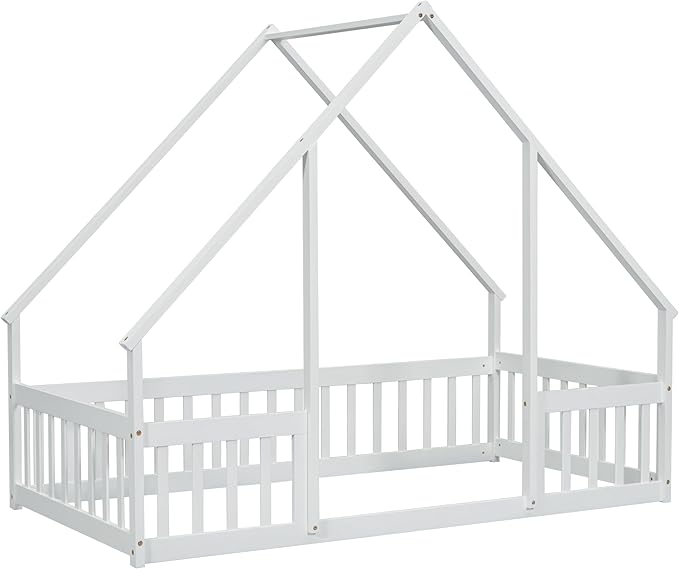 Bellemave Twin Floor Bed for Kids, Girls, Boys, Wood House Bed Frame, House Floor Bed for Kids, Twin Size Montessori Floor Bed with Fence, Playhouse, White