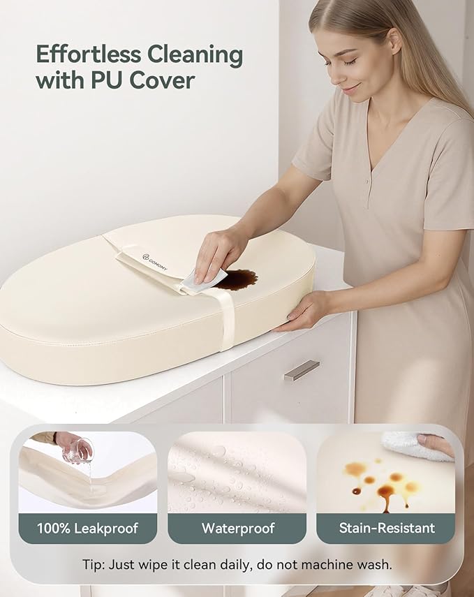 COMOMY Baby Changing Pad with Wipeable & Waterproof PU Cover, Contoured Diaper Changing Pad for Dresser with Non-Slip Safety Belt, Portable and Lightweight, Large Cushioned Foam, Beige
