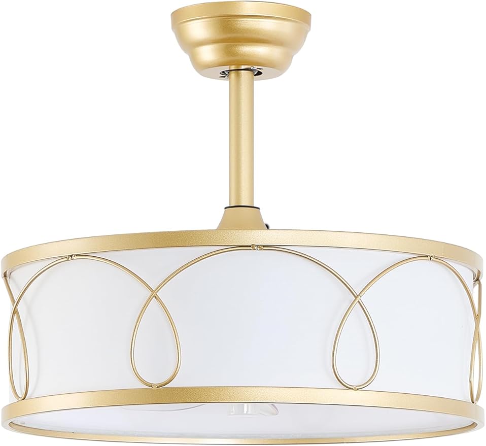 20" Gold Fandelier Ceiling Fan with Light, Fabric Boho Chandelier Ceiling Fans with Lights Remote Control, Mid-Century Modern Caged with 6 Speeds for Bedroom, Nursery (FS-BG01)