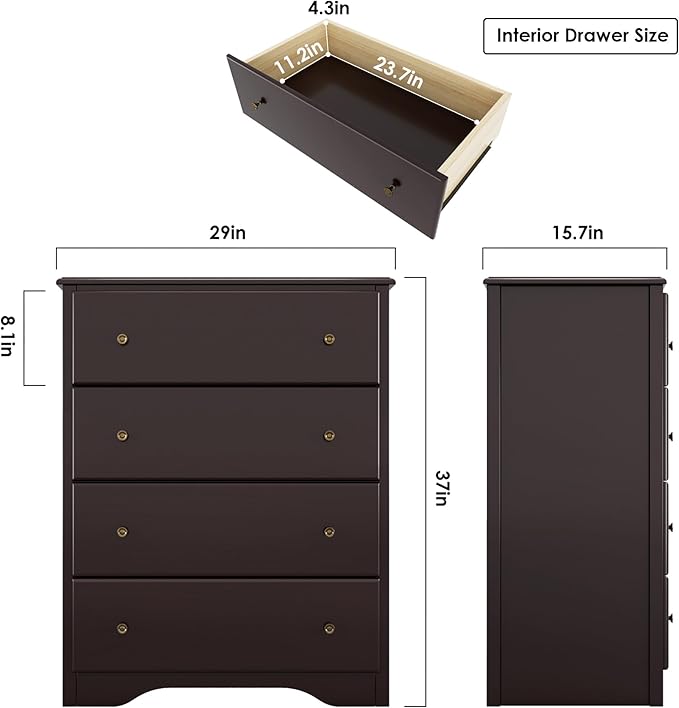 HOUSUIT Dresser, 4 Drawer Dressers Chests of Drawers, Modern Tall Dresser, Wood Drawer Chest Storage Cabinet for Living Room, Hallway, Entryway, Home Office, Dark Brown