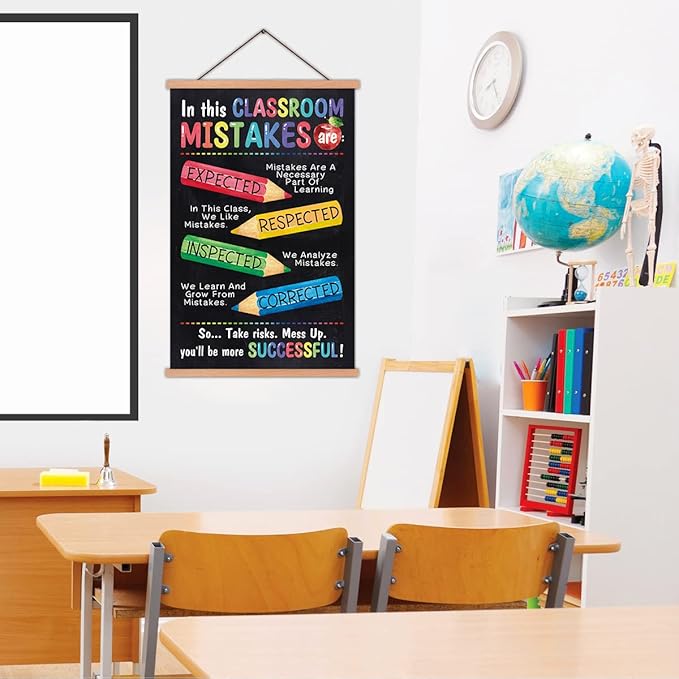 KAIRNE Kids Classroom Mistake Educational Poster With Wood Magnetic Hanger,Inspirational Quote Hanging Wall Art(35X56CM) Child Positive Canvas Art Print For Kids Room Classroom School Playroom Decor