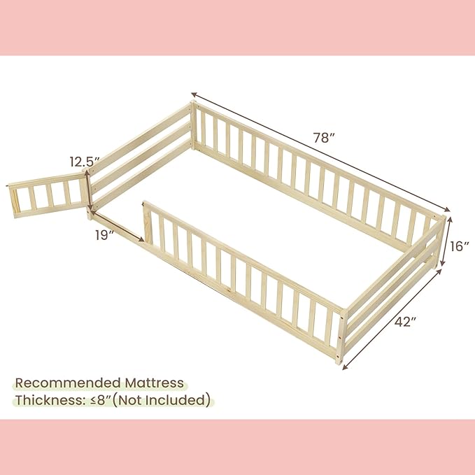 Giantex Twin Floor Bed with Fence for Kids, Wooden Montessori Bed Frame with Lockable Door & Guardrails, Low Floor Beds for Kids, Boys, Girls, No Box Spring Needed, Without Wood Slats, Natural