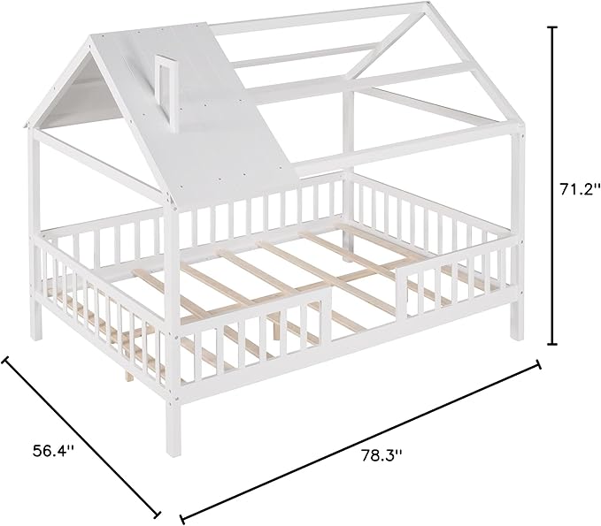 Merax Full House Bed for Kids,Wood Full Bed Frame House-Shaped Bed Platform Bed Frame with Roof Windows and Full-Length Safety Rails White
