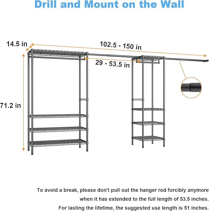 Ulif E11 Heavy-Duty Garment Rack, Metal Freestanding Clothes Rack and Closet Storage Organizer System with 8 Shelves and 4 Hanger Rods, (73.2 - 97.6)"W x 14.5"D x 71.2"H, Load 1034 LBS, Black