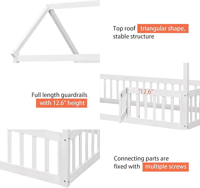 Merax Wooden House Bed, Floor Bed with Fence and Door,Full Guardrail, Twin Size, White