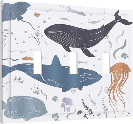 Kids Sea Animal Decorative 3 Gang Light Switch Covers Triple Toggle Wall Plate Decorative Switchplate Electrical Faceplate for Nursery Kidsroom Bedroom Decor