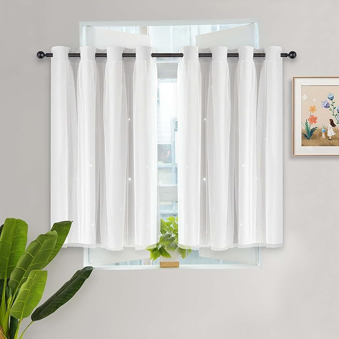 Kinryb Kids Blackout Small Curtains for Bedroom/Living Room/Classroom, Sheer Overlay 2 Free Tiebacks,Double Layer Curtains with Star Cutout for Kids Room(W 52 x L 36 Inches,Greyish White 2 Pcs)