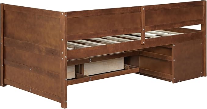 Twin Size Daybed with 4 Storage Drawers and Shelves, Wooden Twin Platform Bed Frame with L-Shaped Headboard and Slats Support, Corner Bed Twin Captain Beds for Kids Boys Girls Teens, Walnut