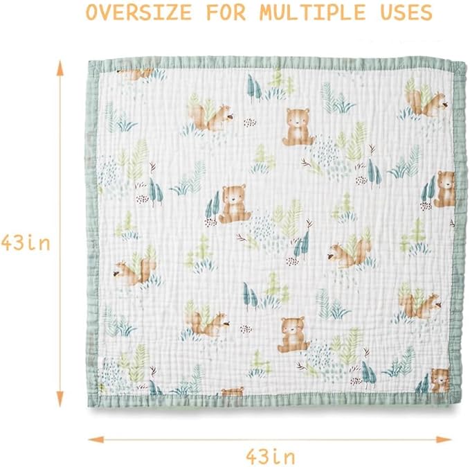 BATTILO PTY 6 Layer Muslin Baby Blankets, Nursery Blankets for Boys Girls, Swaddle Blankets Babt Blanket Neutral Soft Lightweight Toddler and Kids Throw Blanket (Green Squirrel)