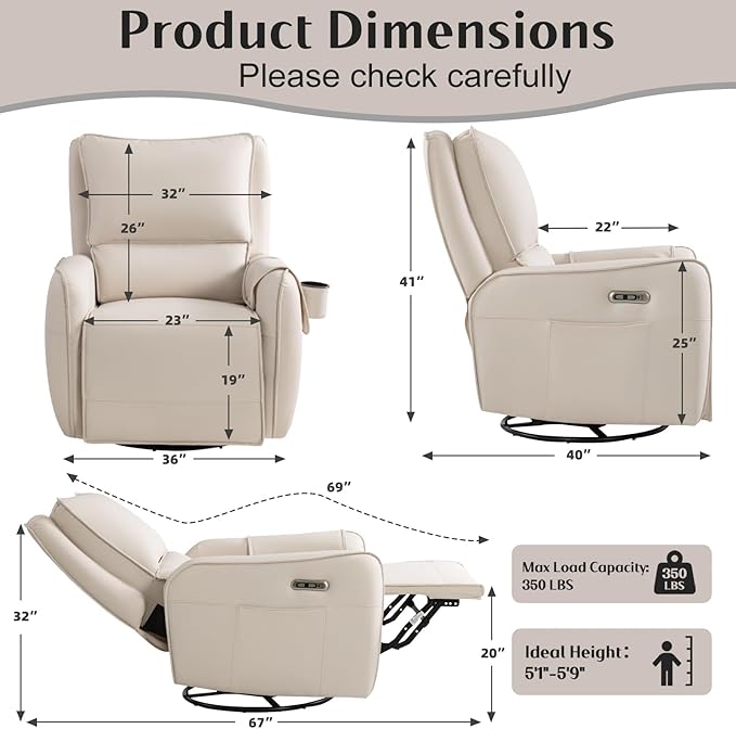 Power Recliner Gliders for Nursery, Electric Swivel Rocker Recliner Chair, Comfy Upholstered Living Room Reclining Rocking Chairs with Lumbar Support (Medium Size 7560, Cream)