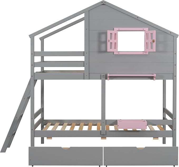 MERITLINE Twin Over Twin House Bunk Bed with Storage Drawers and Storage Box, Solid Wood Bunk Bed with Ladder,Shelf and Roof (Grey)
