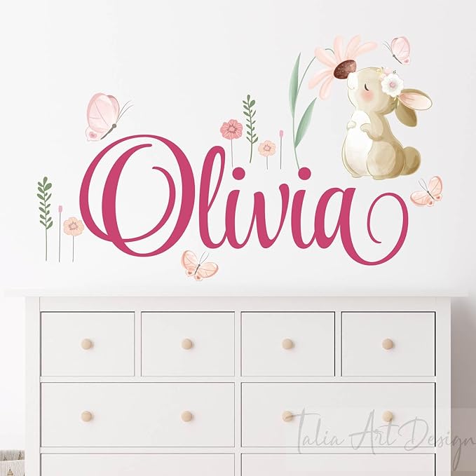 Personalized Girl's Name with Cute Cartoon Bunny Wall Sticker,Rabbit Kiss Butterfly Wall Decals, Bunny Wall Decor for Kids Nursery