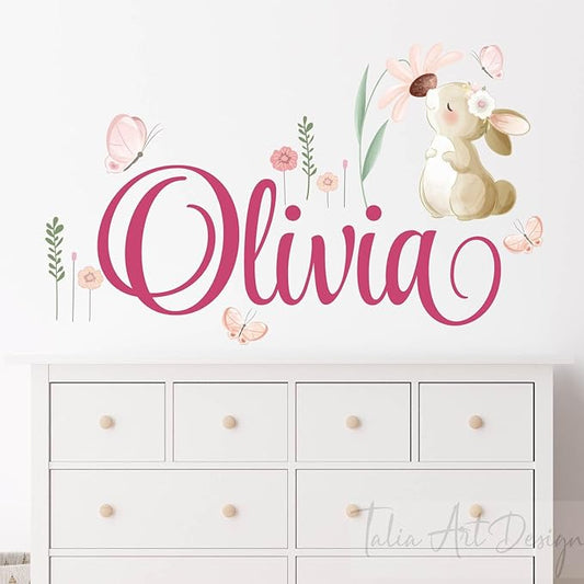 Personalized Girl's Name with Cute Cartoon Bunny Wall Sticker,Rabbit Kiss Butterfly Wall Decals, Bunny Wall Decor for Kids Nursery
