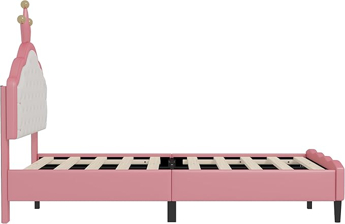 Bellemave Full Size Princess Bed Frame with Lovely Crown Shaped Headboard for Girls,Upholstered Platform Bed with Slats Support,Twin Girls Bed,Pink Cream