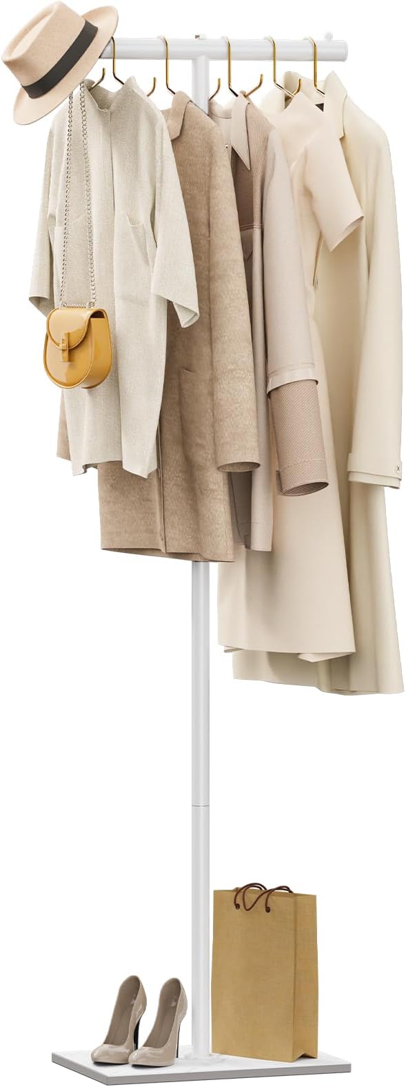 OUTBROS Coat Stand with Rock Slab Base, T-shaped Metal Freestanding Clothes Rack for Clothes, Modern Hanger Stand, for Entryway, Living Room, Bedroom, 68.9 Inches High, White
