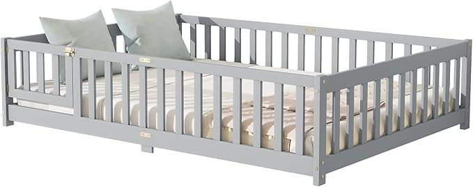 Full Size Floor Bed for Kids, Wood Montessori Floor Beds with Fence Railings, Door & Slats Support, Full Playhouse Bed Frame for Boys Girls, No Box Spring Needed, Gray