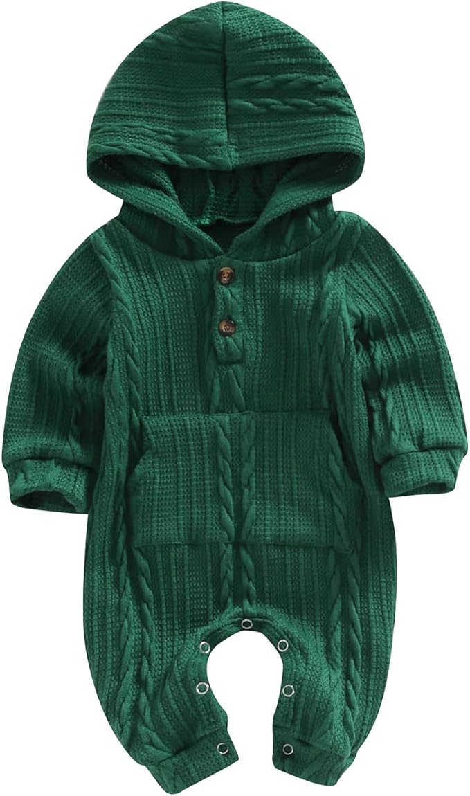 Infant Boys Girls Knit Sweater Romper Baby Toddlers Long Sleeve Hooded Button Up Winter Outfits with Pocket