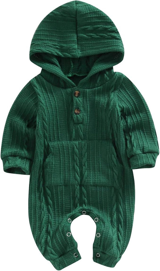 Infant Boys Girls Knit Sweater Romper Baby Toddlers Long Sleeve Hooded Button Up Winter Outfits with Pocket