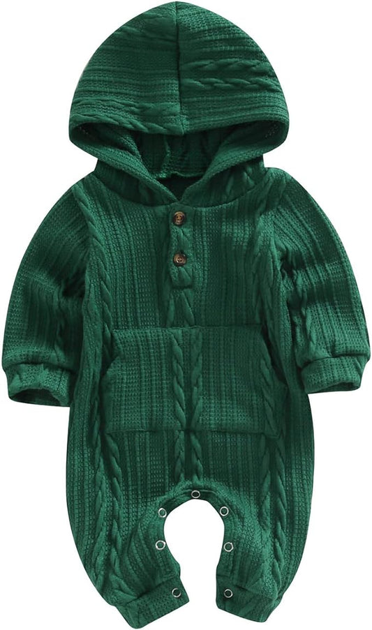 Infant Boys Girls Knit Sweater Romper Baby Toddlers Long Sleeve Hooded Button Up Winter Outfits with Pocket