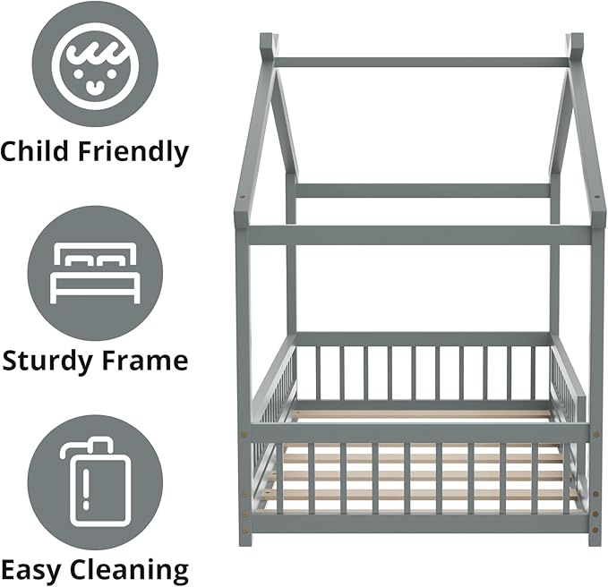 LLS Twin House Bed with Fence, Wooden Montessori Bed with Slats Support, Floor Bed Frame for Boys Girls Bedroom, Gray