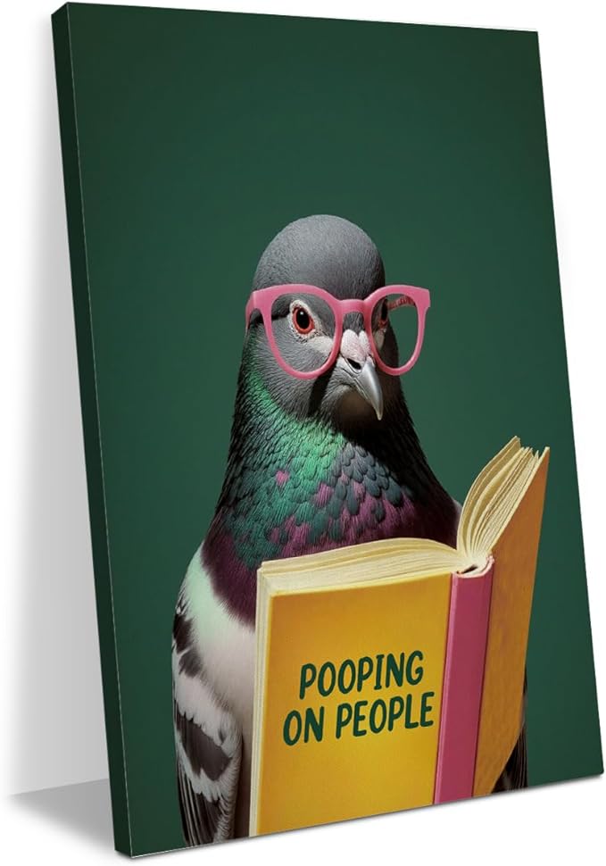 Funny Pigeon Humorous Bird Reading Book Lovers Gifts Poster Wall Decor Canvas Wall Art Framed Artwork Bookworm Posters Painting for Home Library Office Study Bedroom Decorations 11.5X14.5 Inch