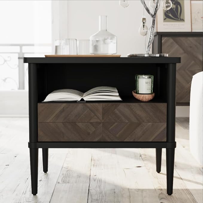 Lenia Queen Bed Frame with 2 Matching Nightstands – Modern Wood Platform Bed Set, Chevron Diamond Design, No Box Spring Needed, Slatted Support (Mocha Black, Queen)