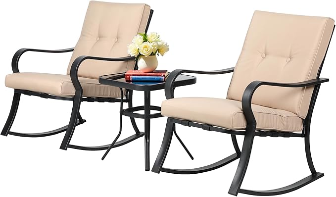 SUNCROWN Outdoor 3-Piece Rocking Chairs Patio Bistro Set Black Steel Furniture with Thickened Cushion and Glass-Top Coffee Table, Brown