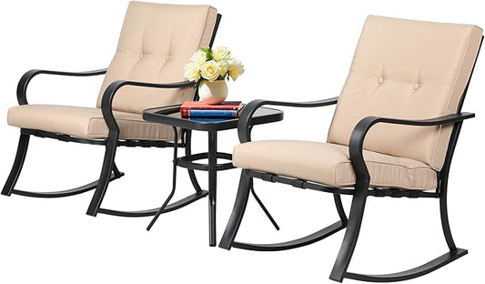 SUNCROWN Outdoor 3-Piece Rocking Chairs Patio Bistro Set Black Steel Furniture with Thickened Cushion and Glass-Top Coffee Table, Brown