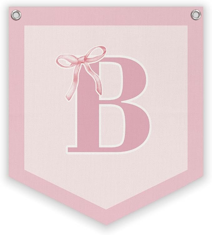 Lacama Initial Personalized Preppy Banner, Baby Shower Decor Girl Nursery Decor, Coquette Pink Bow Teen Girl Gifts, Vintage Room Toddler Room Bedroom Playroom Front Door Birthday Gift(B)