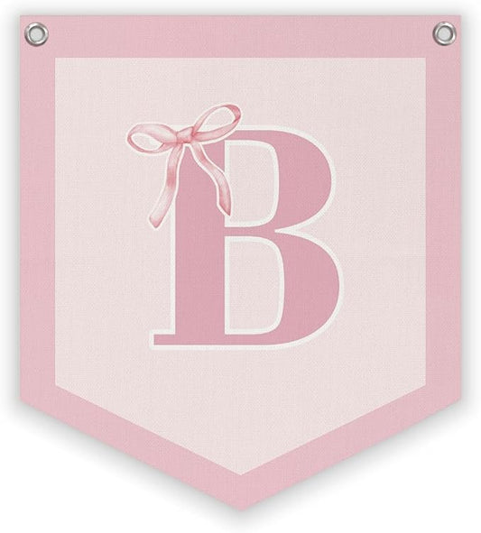 Lacama Initial Personalized Preppy Banner, Baby Shower Decor Girl Nursery Decor, Coquette Pink Bow Teen Girl Gifts, Vintage Room Toddler Room Bedroom Playroom Front Door Birthday Gift(B)