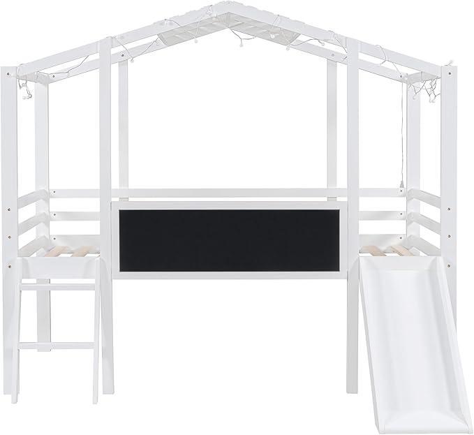 Play Fun Design Twin Size Loft Bed with Ladder and Slide for Kids Boys Girls, Solid Wood House Loft Bed Frame with Blackboard and Light Strip on The Roof, Sturdy Slat Support (White-6)