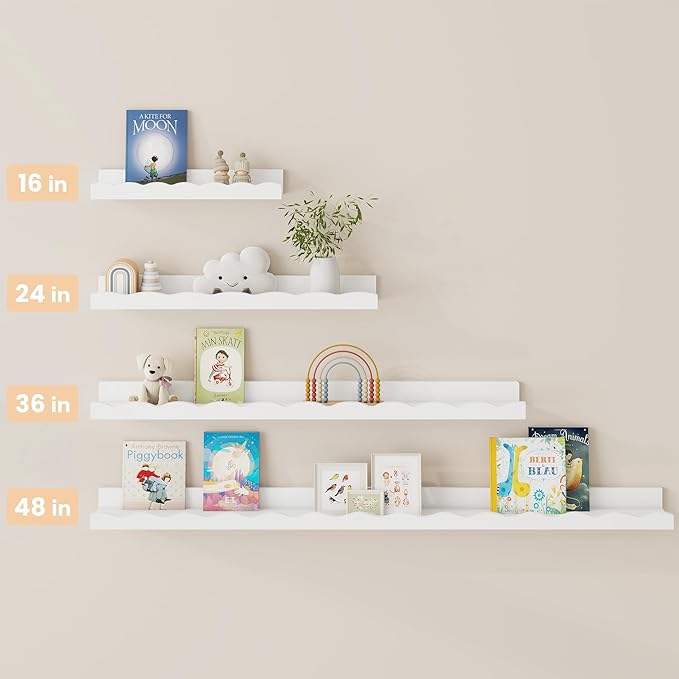 Fun Memories Picture Ledge Shelf for Wall, 16 inch Pine Wood Nursery Book Shelves Set of 4- Wall Book Shelves for Kids Room, Home Decor - Kitchen Spice-White