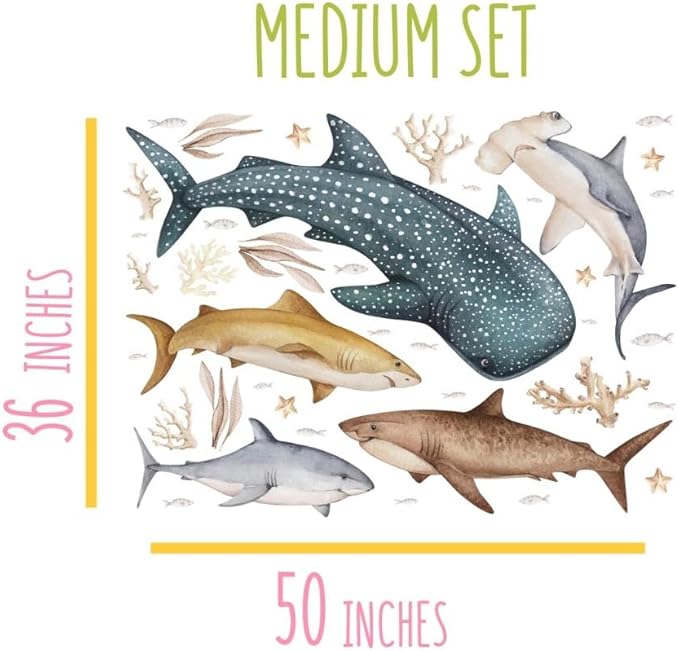 Fish Wall Stickers – Fish Decals for Coral Reef Decorations with Whale Shark, Hammerhead, and Coral, for Nursery Baby Kids Bedroom Bathroom, Medium Set (50″×36″) 35 Pcs