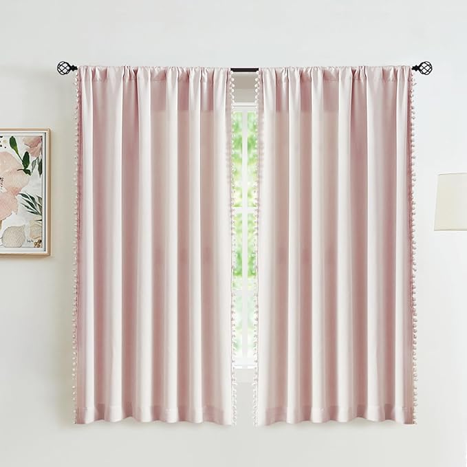 Treatmentex Pom Pom Curtains for Bedroom Pink Girls Room Blackout Window Drapes 63" Energy Efficient Thermal Insulated Living Room Darkening Curtain Panels 2pcs