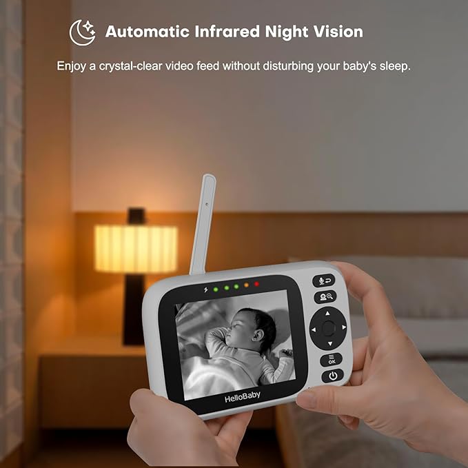 HelloBaby Baby Monitor with Camera and Audio, 3.2'' IPS Screen, No WiFi, 2-Way Talk, Night Vision, Remote Pan-Tilt-Zoom, VOX/ECO Mode, 8 Lullabies, 1000ft Range, Temperature Display, HB6339