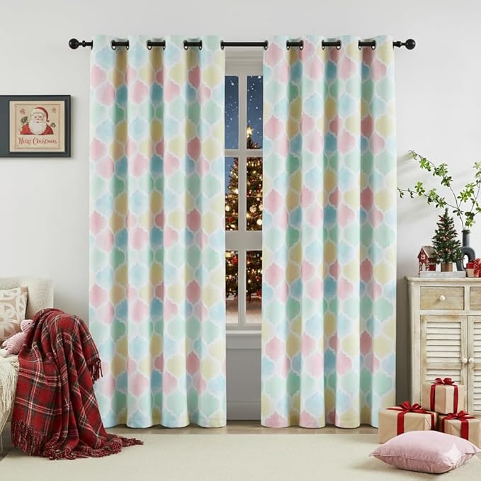 Moroccan 100% Blackout Curtains 90 Inches Long Geo Pink Window Drapes for Kids Girls Bedroom Thermal Insulated Noise Reducing Grommet Window Treatments Sets, 52x90, Multi-Color 2 Panels