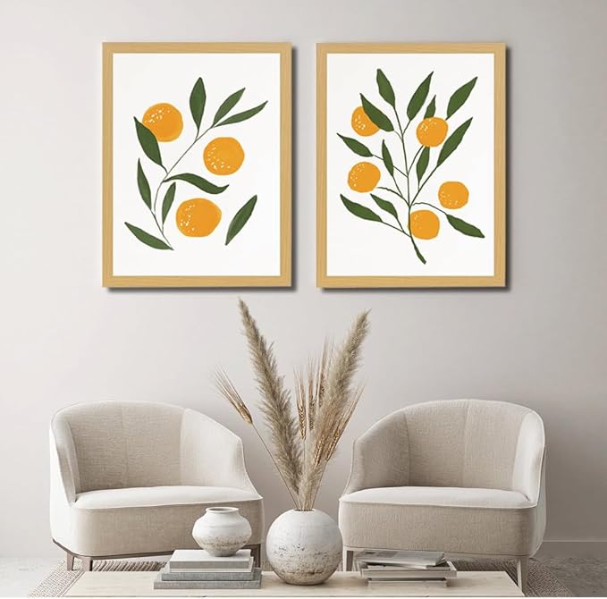Abstract Lemon Orange Canvas Painting Watercolour Citrus Fruit Poster Boho Kitchen Wall Art Botanical Picture Home Room Decor Framed(12x16Inch Framed)