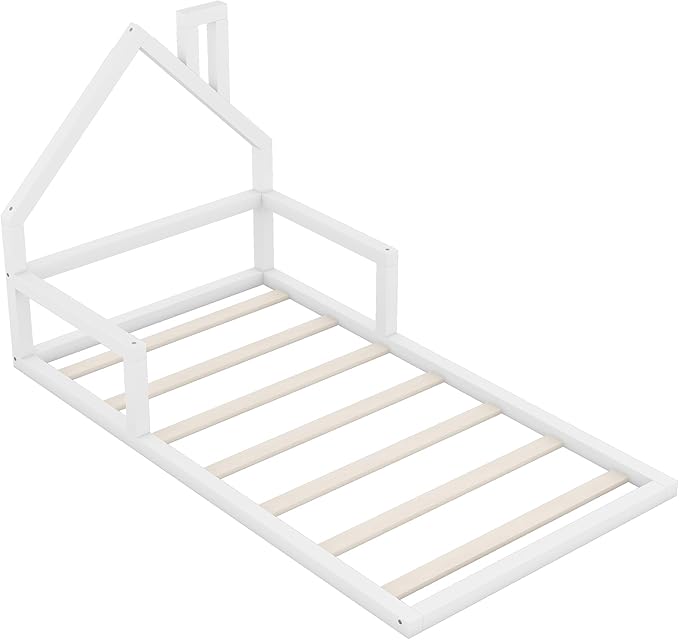 Harper & Bright Designs Twin Size Floor Bed with House Shaped Headboard, Montessori Floor Bed for Kids, Solid Wood Low Bed Frame for Bedroom, Playroom, Wooden Slats Support, White