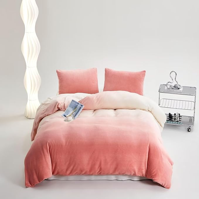 Houseri Light Pink White Gradient Velvet Duvet Cover Set - Fluffy Baby Pink Sherpa Bedding - Ombre Extra Soft Comfy Flannel Fuzzy Duvet Covers - King Size
