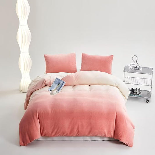 Houseri Light Pink White Gradient Velvet Duvet Cover Set - Fluffy Baby Pink Sherpa Bedding - Ombre Extra Soft Comfy Flannel Fuzzy Duvet Covers - King Size