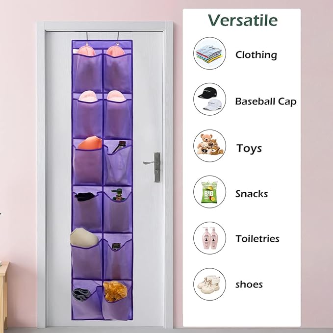 Hanging Storage Organizer Over the Door Shoes Organizer Kids Shoe Rack with 12 Large Fabric Pockets for Closet Shoe Holder Hanger (PURPLE)