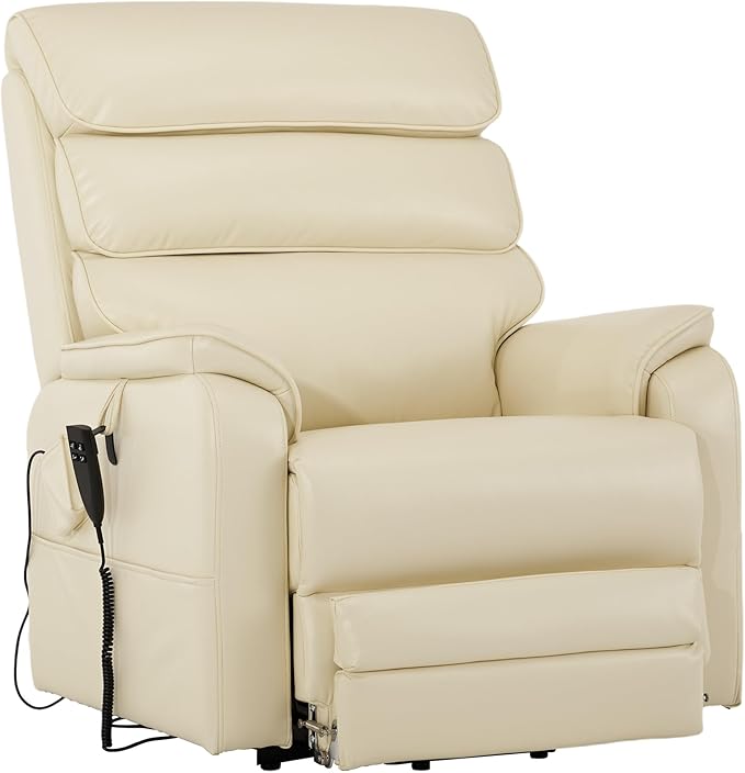 DYNOX 400 LBS Big Tall Man Large-Wide Power Dual Motor Lift Recliners Chairs for Elderly, Lay Flat Lift Chair with Infinite Positions, Heat & Massage, Extended Footrest (9298L,Faux Leather,Cream)